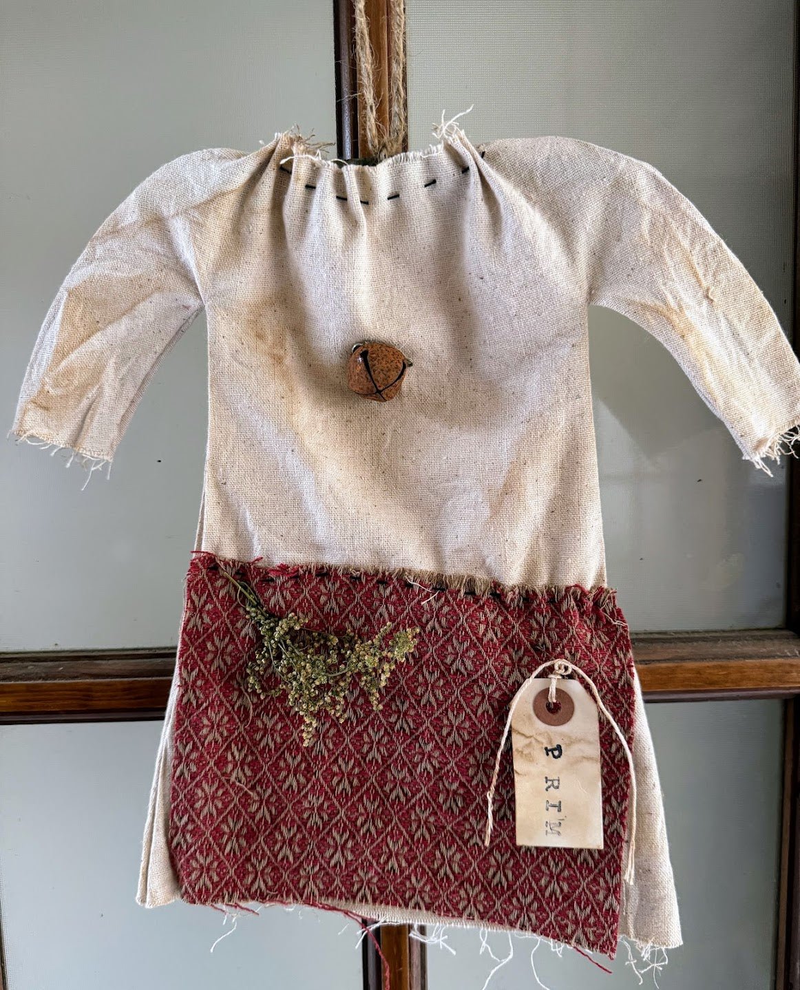 Primitive Colonial Handcrafted Stitched Prairie Dress w/ Red Woven Apron Hanger 13" - The Primitive Pineapple Collection