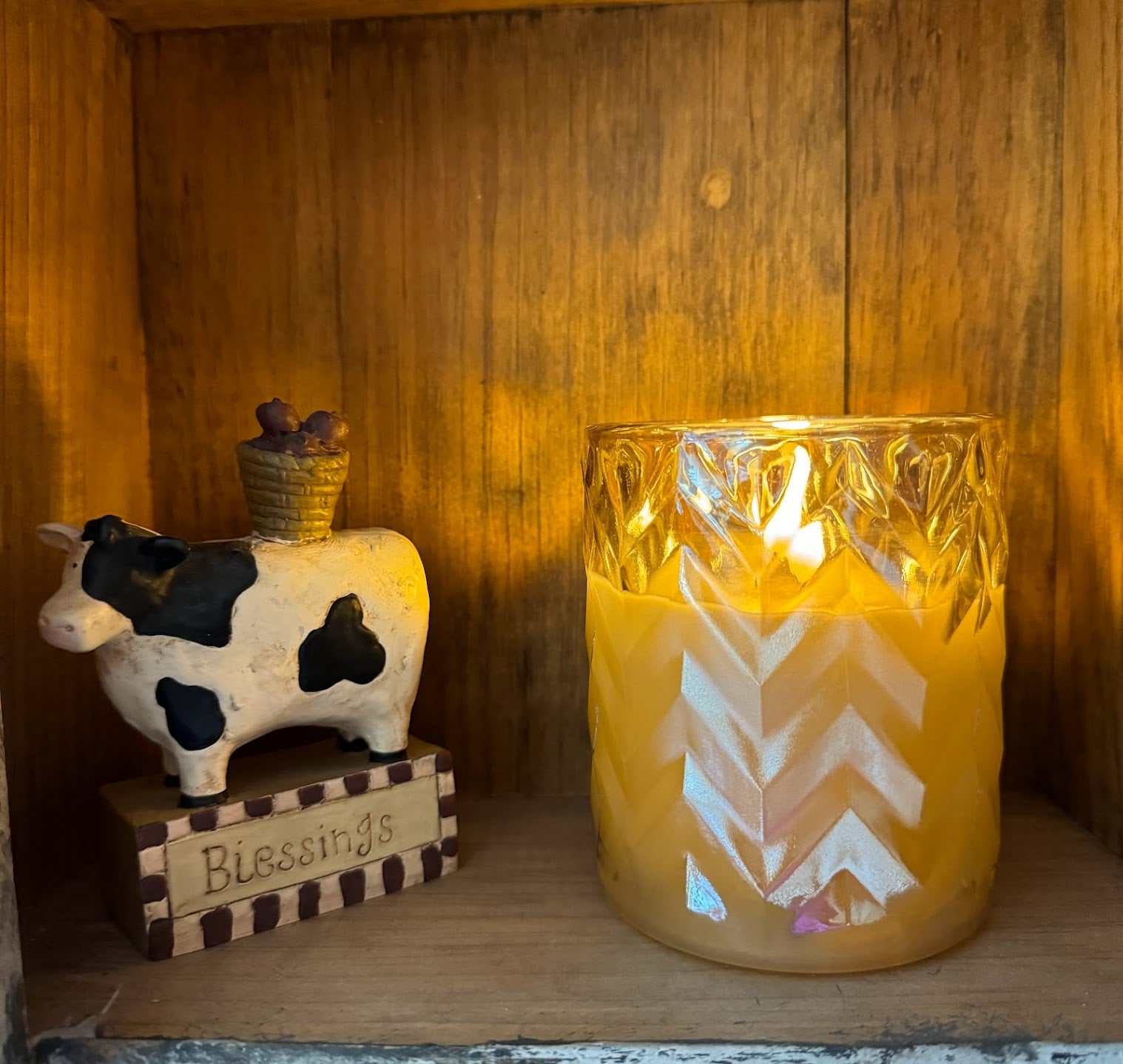 Primitive Ragon House 4" Champagne Chevron Glass Jar 3D Flame Battery Candle 6hr Timer - The Primitive Pineapple Collection
