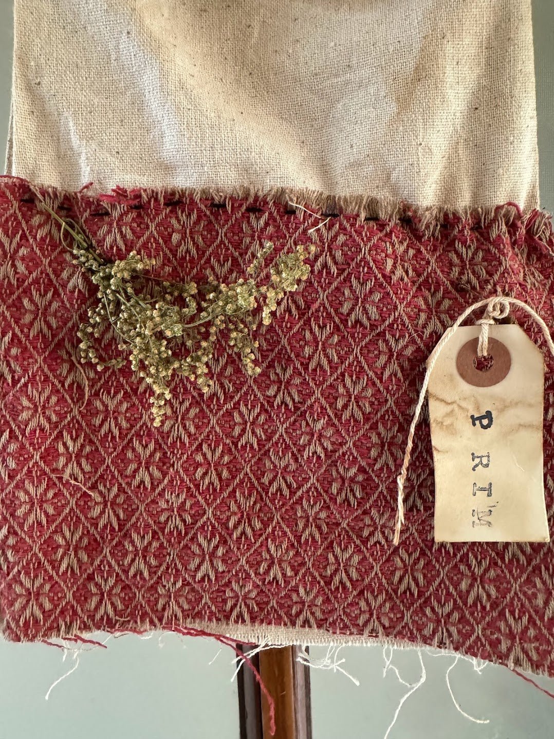 Primitive Colonial Handcrafted Stitched Prairie Dress w/ Red Woven Apron Hanger 13" - The Primitive Pineapple Collection