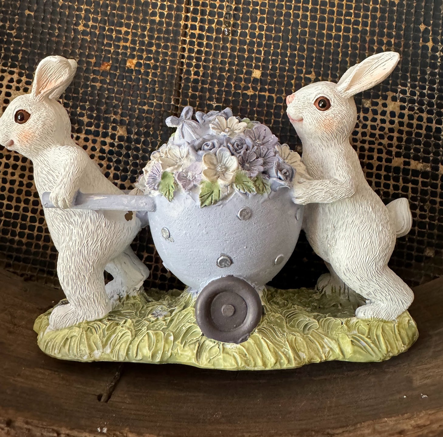 Farmhouse Spring Pastel Bunnies w/ Easter Egg Cart Figurine CLEARANCE