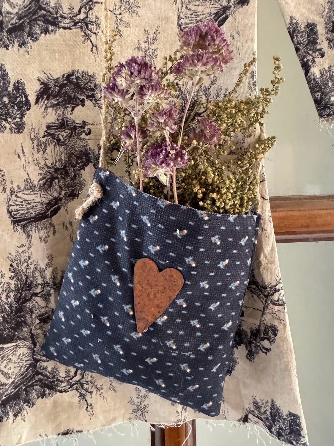 Primitive Colonial Handcrafted Vintage Look Prairie Dress w/ Hanger 13" Sweet Annie Pouch - The Primitive Pineapple Collection