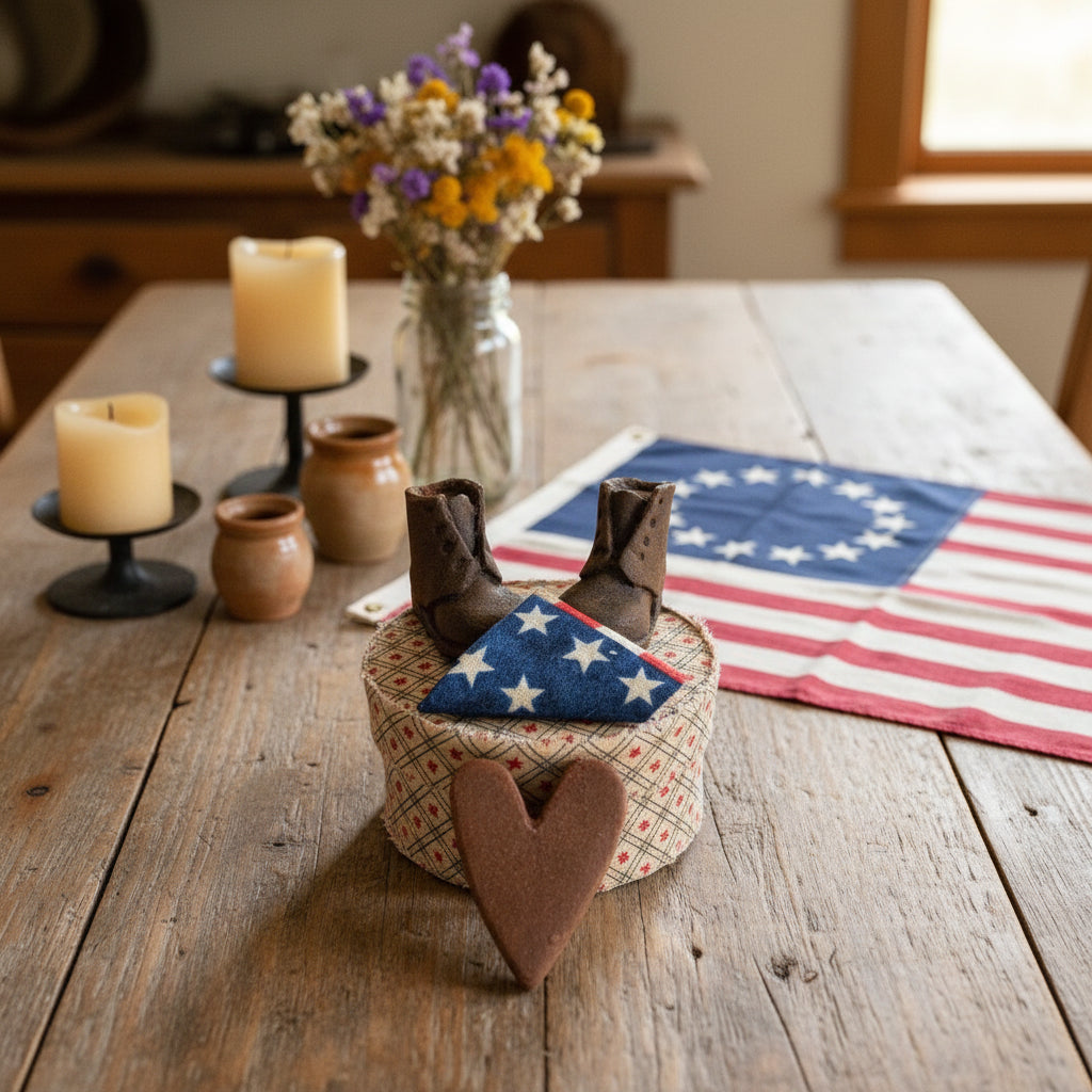 Primitive Handmade Mini Blackened Wax Soldier Memory Box w/ Flag - The Primitive Pineapple Collection