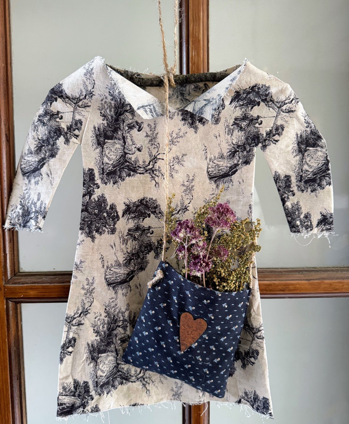 Primitive Colonial Handcrafted Vintage Look Prairie Dress w/ Hanger 13" Sweet Annie Pouch - The Primitive Pineapple Collection
