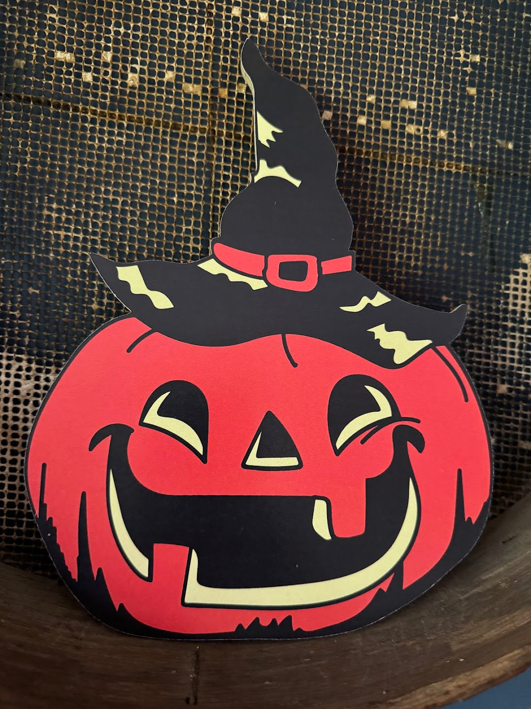 Handcrafted Halloween Retro Jack O Lantern Pumpkin w/ Witch Hat Wood Cutout 11&quot;