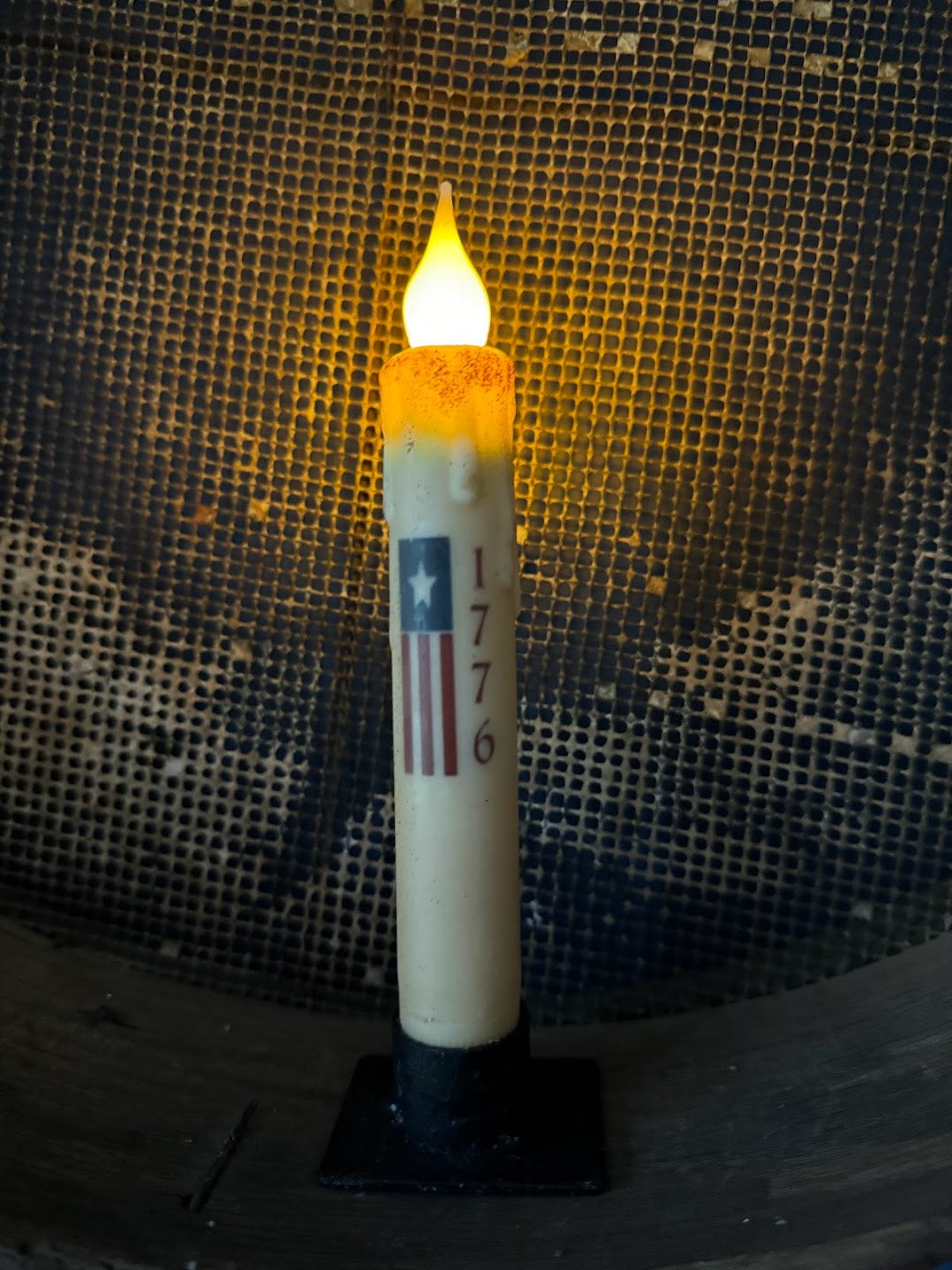Primitive Handcrafted Patriotic 7&quot; 1776  Flag Battery Operated Led Timer Taper Candle