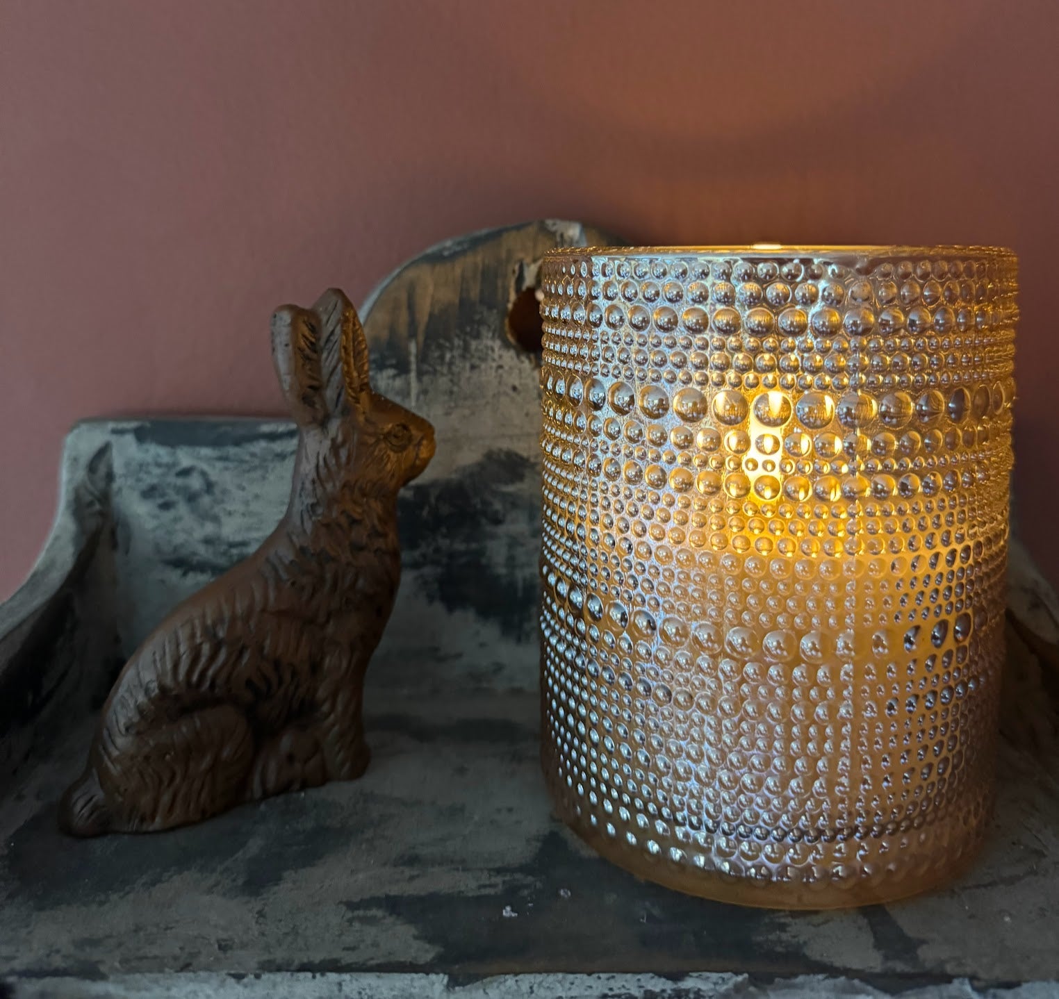 Primitive Ragon House 5" Champagne Dotted Glass Jar 3D Flame Battery Candle 6hr Timer