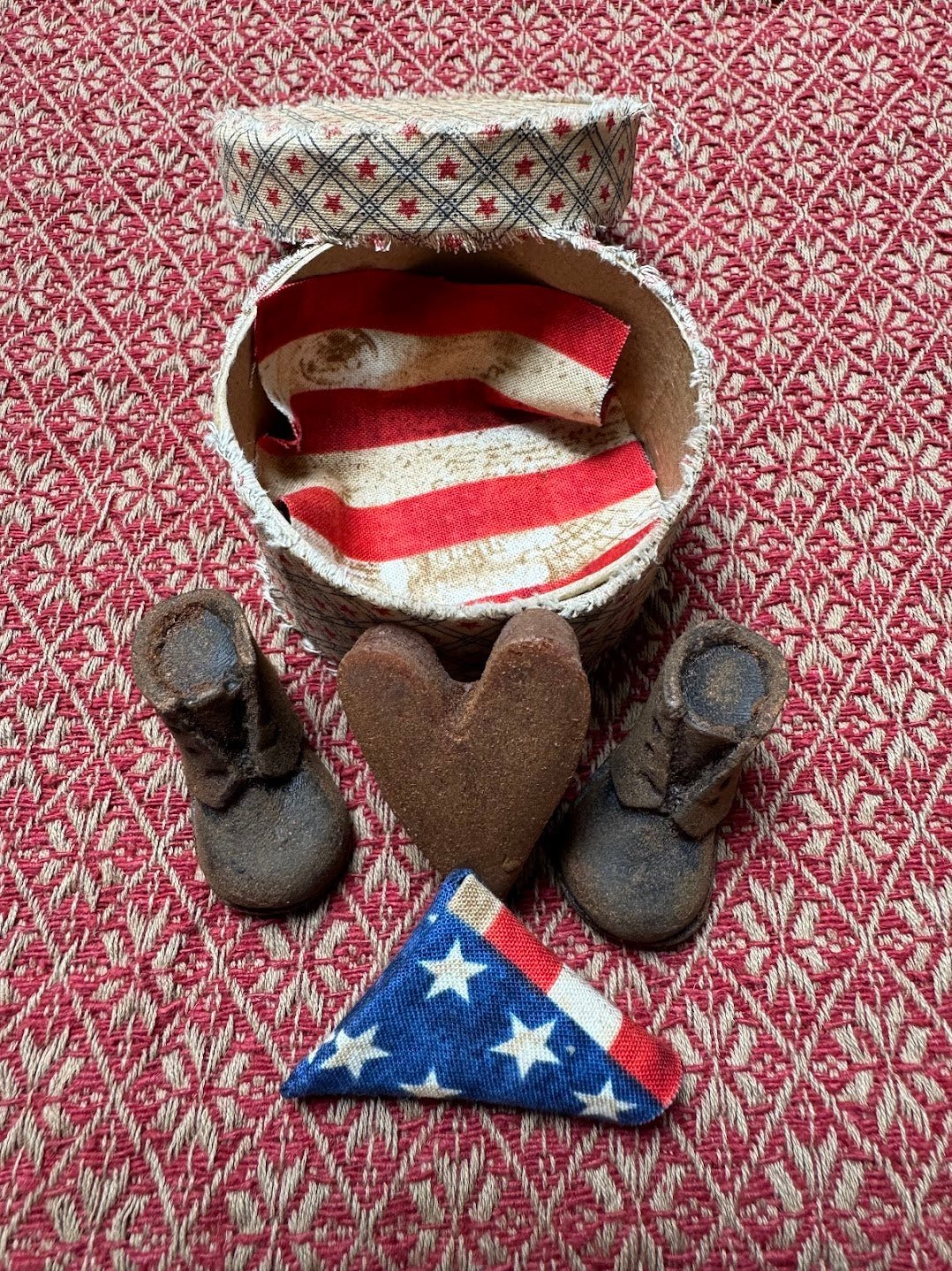 Primitive Handmade Mini Blackened Wax Soldier Memory Box w/ Flag - The Primitive Pineapple Collection