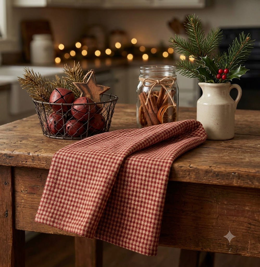 Primitive Farmhouse Small Red Check Tea Towel - The Primitive Pineapple Collection