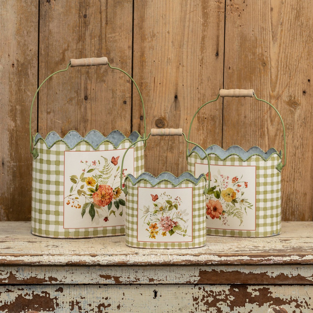 Primitive Ragon House Spring 3 pc Metal Gingham/Floral Scalloped Top Bucket Set - The Primitive Pineapple Collection