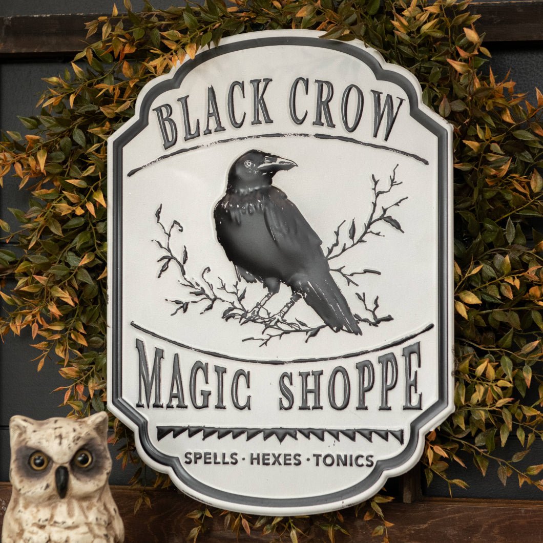 Ragon House Halloween 16.25" Black Crow Magic Shoppe Metal Sign - The Primitive Pineapple Collection