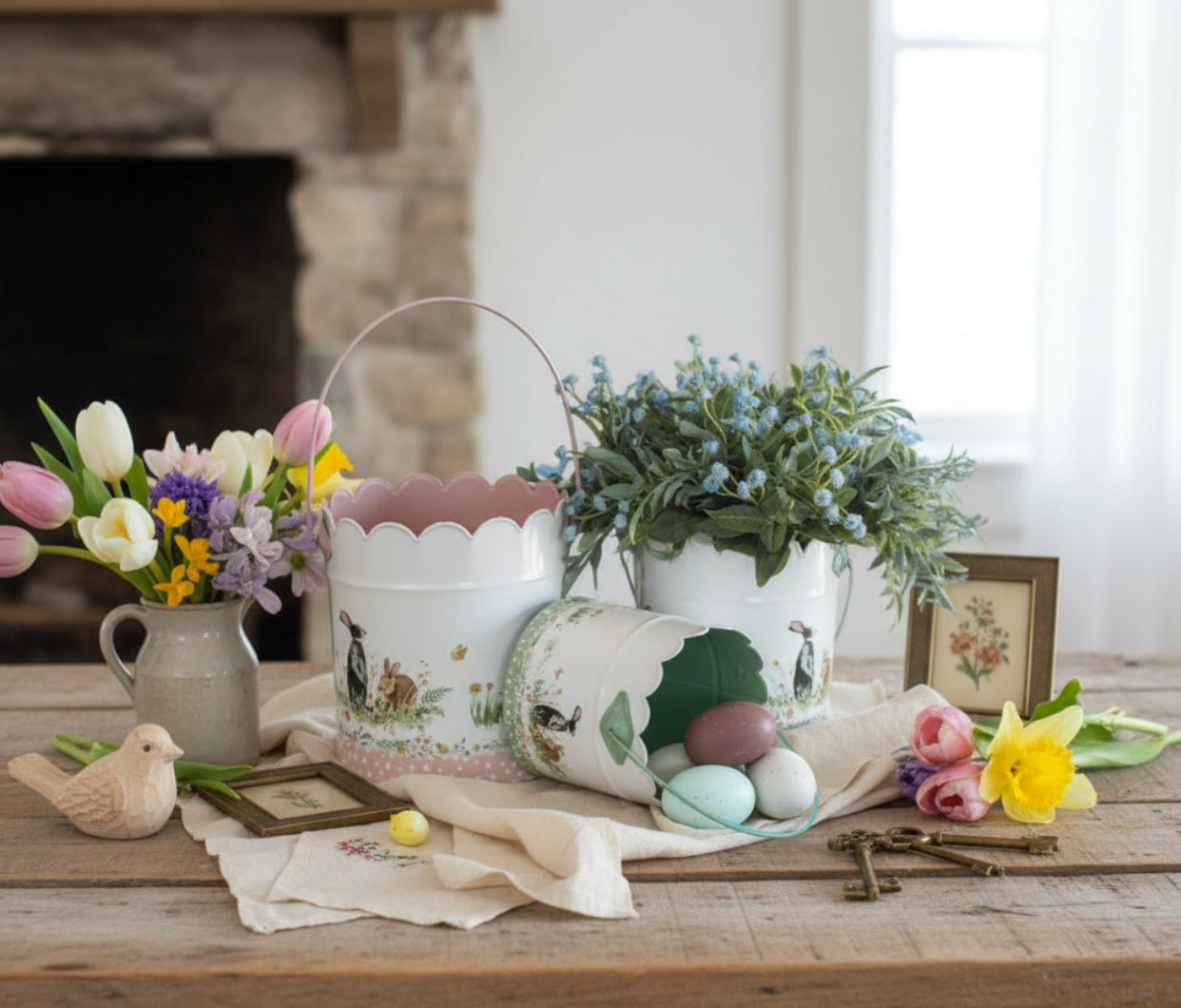 Primitive Ragon House Spring Easter 3 pc Scalloped Edge Bunny Buckets - The Primitive Pineapple Collection