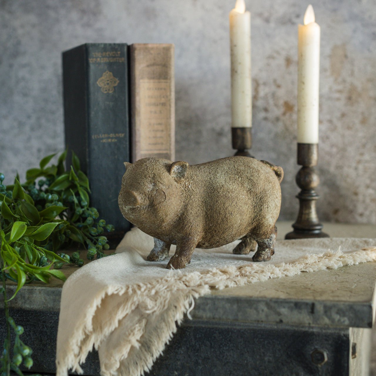 Primitive Ragon House 6.75" Cement Pig Figurine - The Primitive Pineapple Collection