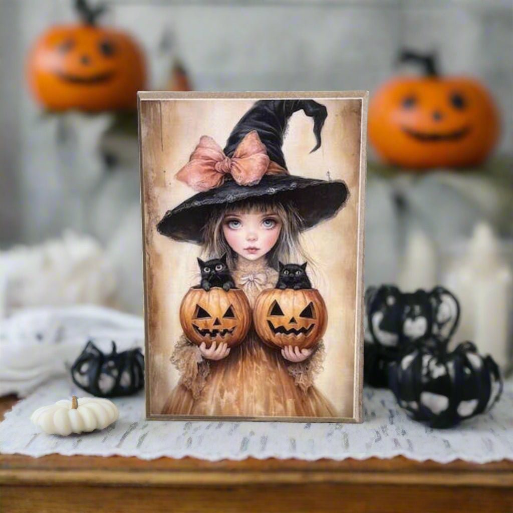 Primitive Halloween Handcrafted Witch Girl w/ Black Cats/JOLs Block Shelf Sitter - The Primitive Pineapple Collection
