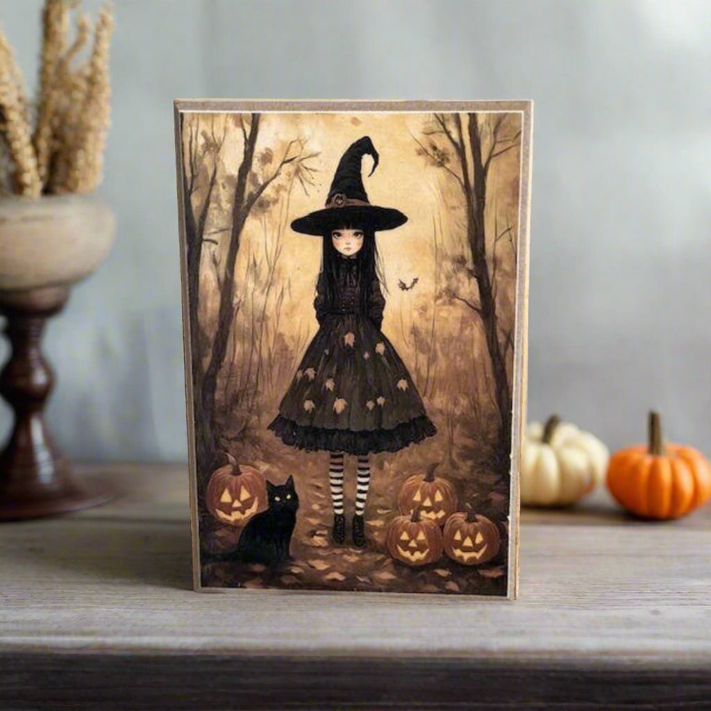 Primitive Halloween Handcrafted Young Witch w/ JOL Block Shelf Sitter - The Primitive Pineapple Collection