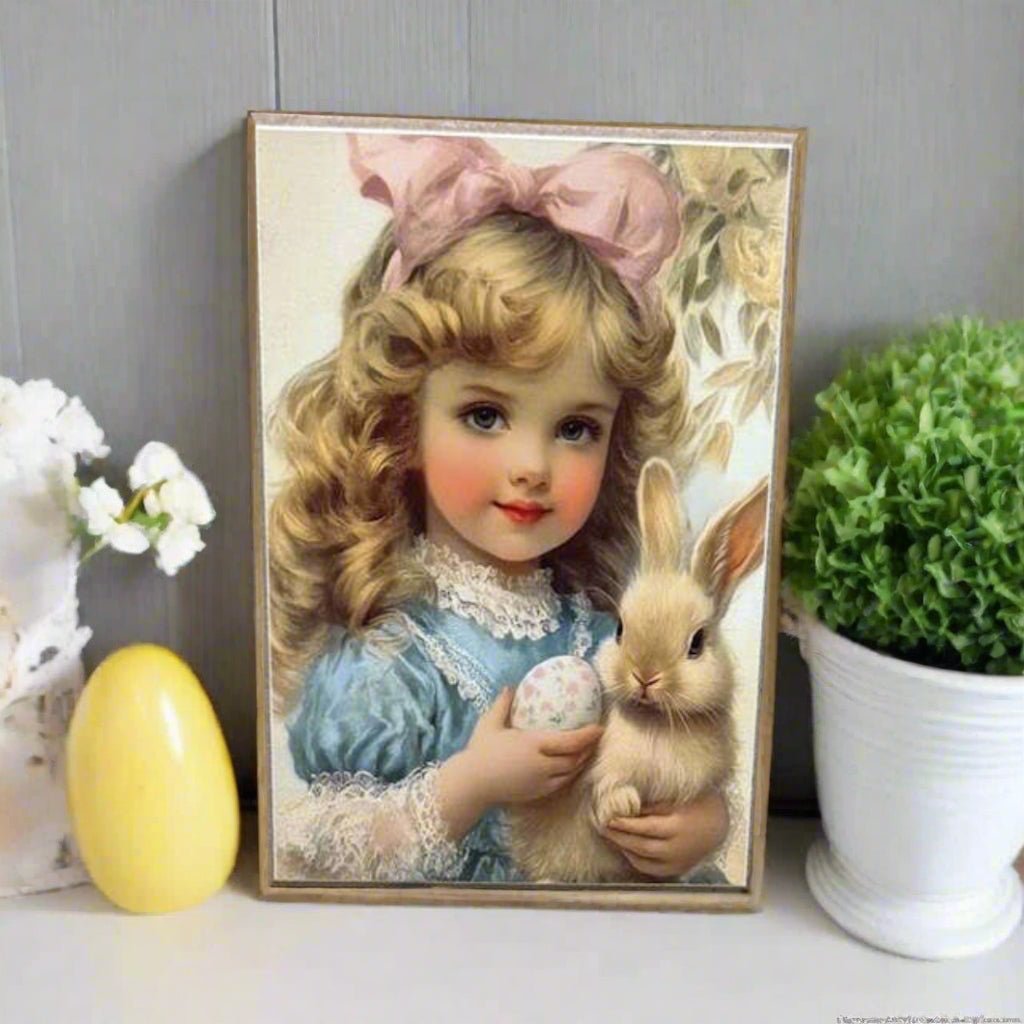 Primitive Farmhouse Vintage Girl with Bunny Block Shelf Sitter - The Primitive Pineapple Collection