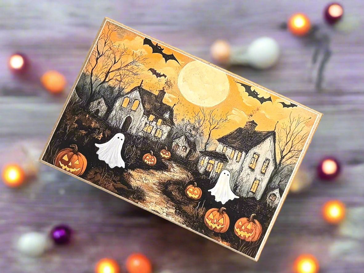 Primitive Halloween Handcrafted Spooky Halloween Village Block Shelf Sitter - The Primitive Pineapple Collection