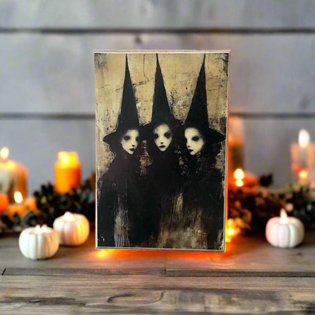 Primitive Halloween Handcrafted Ghostly Witch Sisters Block Shelf Sitter - The Primitive Pineapple Collection