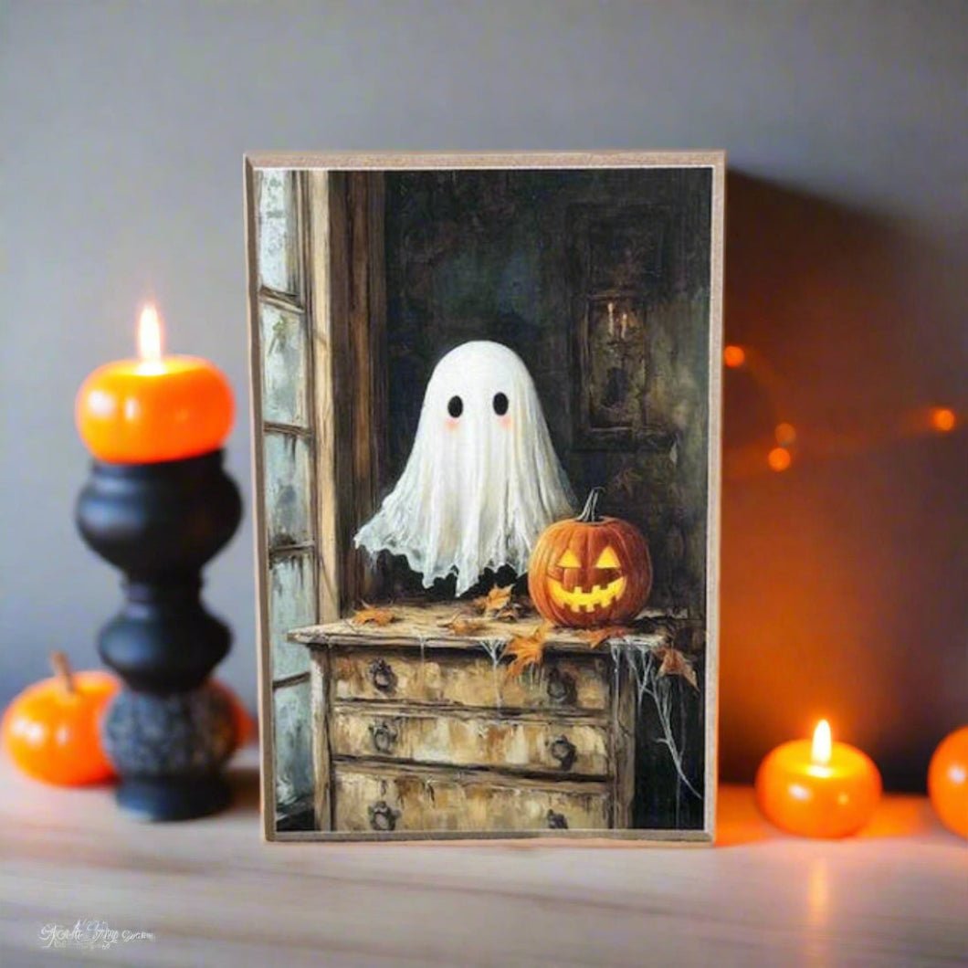 Primitive Halloween Handcrafted Spooky Baby Ghost w/ JOL Block Shelf Sitter - The Primitive Pineapple Collection