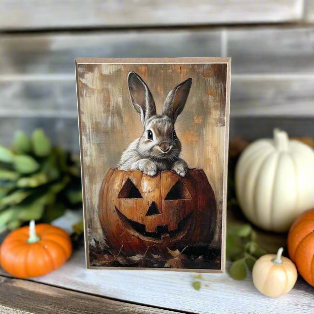 Primitive Halloween Handcrafted Fall Pumpkin Rabbit Block Shelf Sitter - The Primitive Pineapple Collection