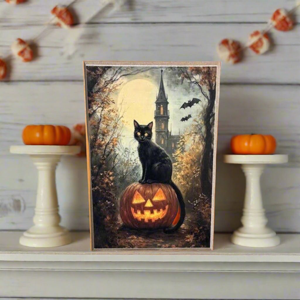 Primitive Halloween Handcrafted Spooky Black Cat w/ JOL Block Shelf Sitter - The Primitive Pineapple Collection