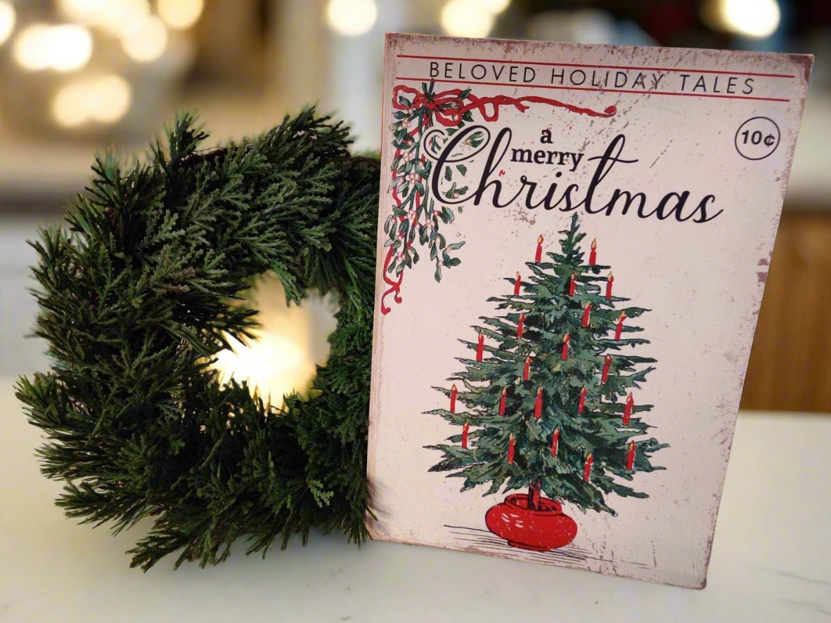 Handcrafted Retro Merry Christmas Book Cover Wood Cutout 10" - The Primitive Pineapple Collection