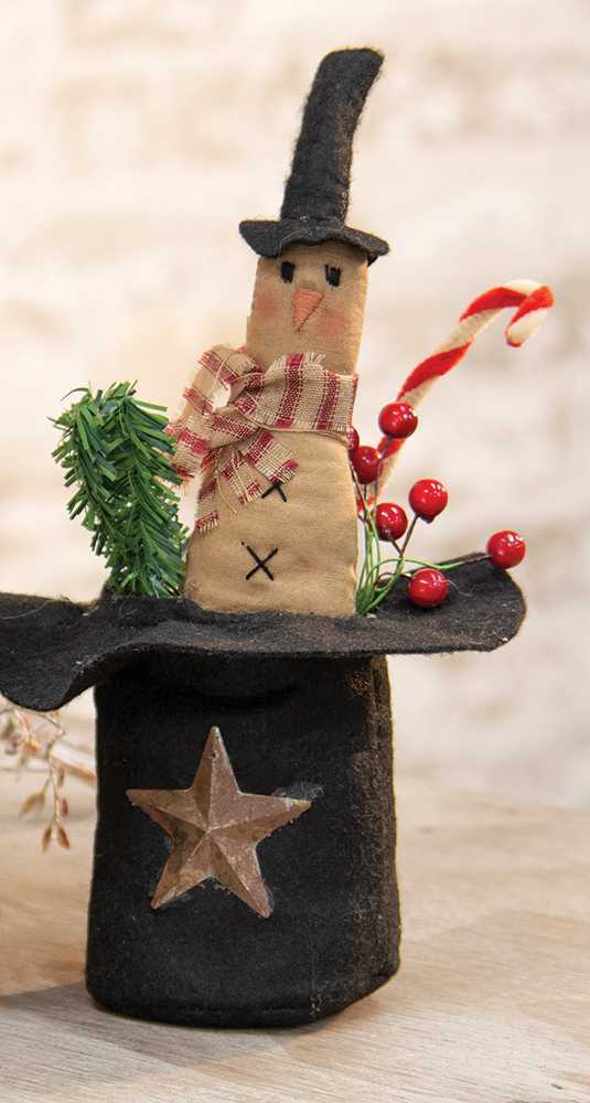 Primitive Christmas 9" Top Hat w/ Snowman and Candy Cane - The Primitive Pineapple Collection