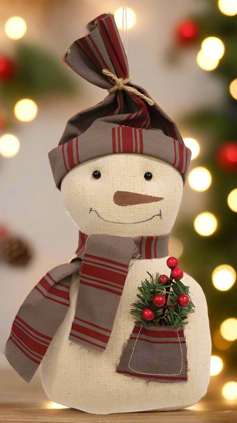 Primitive Christmas 8” Red Stripe Snowman w/Hanger Doll - The Primitive Pineapple Collection