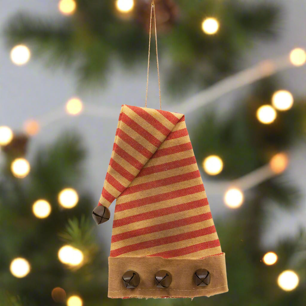 Primitive Christmas Striped Santa Hat Ornament 5.5"