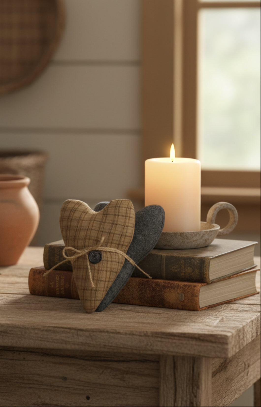 Colonial 2 pc Primitive Stuffed Fabric Country Heart Ornaments 5" - The Primitive Pineapple Collection