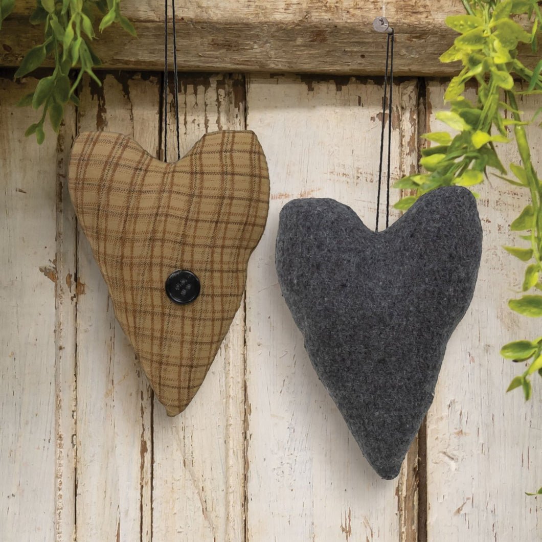 Colonial 2 pc Primitive Stuffed Fabric Country Heart Ornaments 5" - The Primitive Pineapple Collection