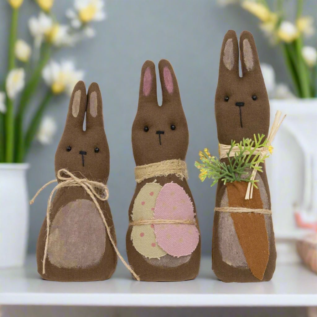 Primitive Easter Spring 3 pc Fabric “ Chocolate” Bunny Doll Family - The Primitive Pineapple Collection