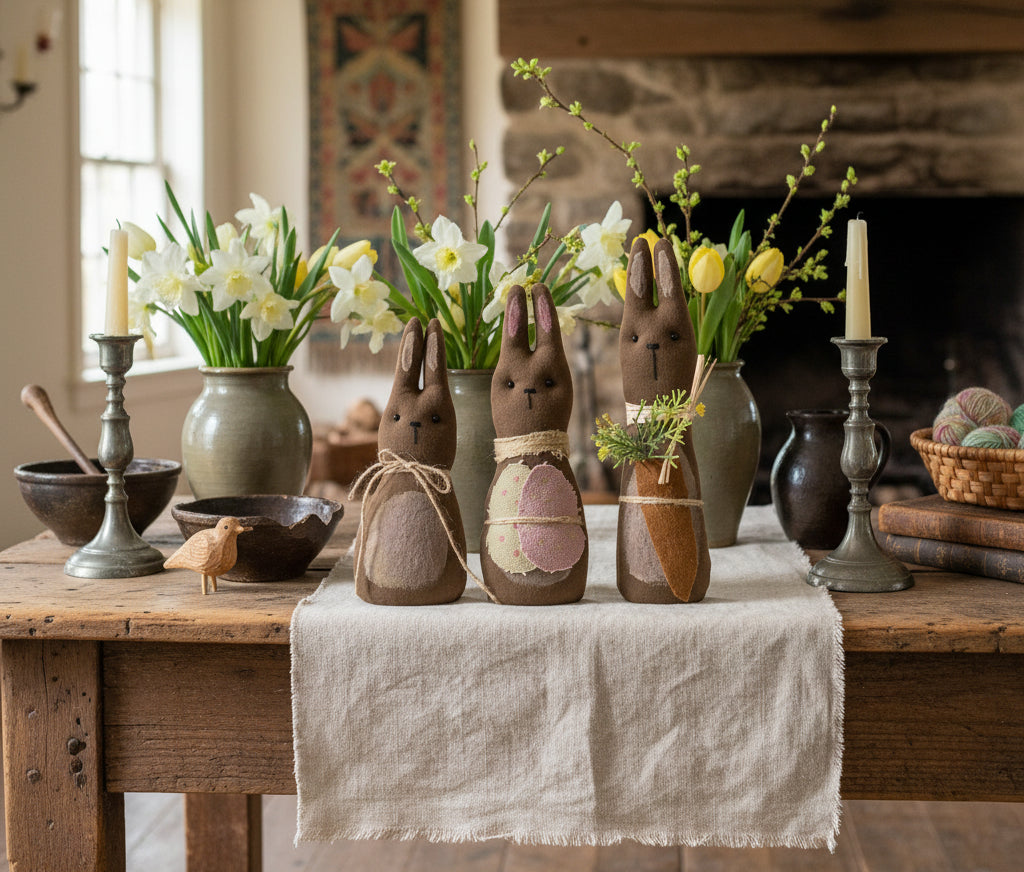 Primitive Easter Spring 3 pc Fabric “ Chocolate” Bunny Doll Family - The Primitive Pineapple Collection