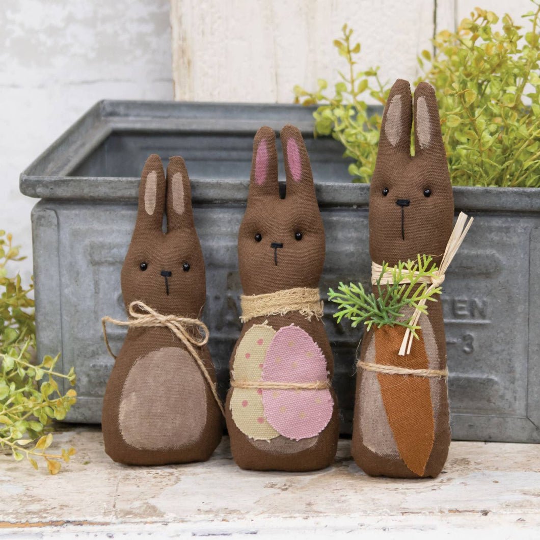 Primitive Easter Spring 3 pc Fabric “ Chocolate” Bunny Doll Family - The Primitive Pineapple Collection