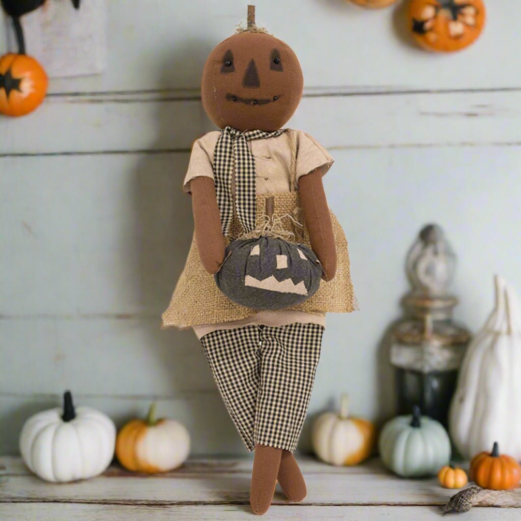 Primitive Pumpkin Girl Doll With Black Jack O Lantern 23" - The Primitive Pineapple Collection