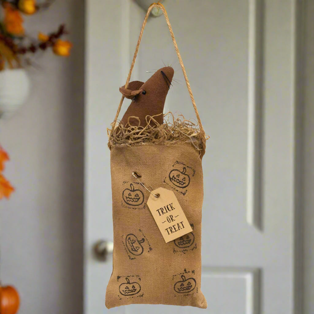 Halloween Fall Primitive Mouse Doll in Jack O Lantern Bag - The Primitive Pineapple Collection