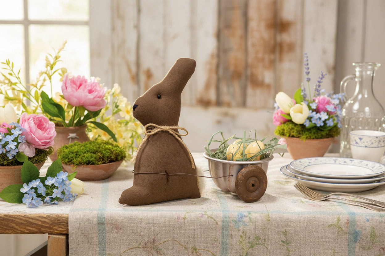Primitive Easter Spring Stuffed Bunny with Easter Egg Cart - The Primitive Pineapple Collection