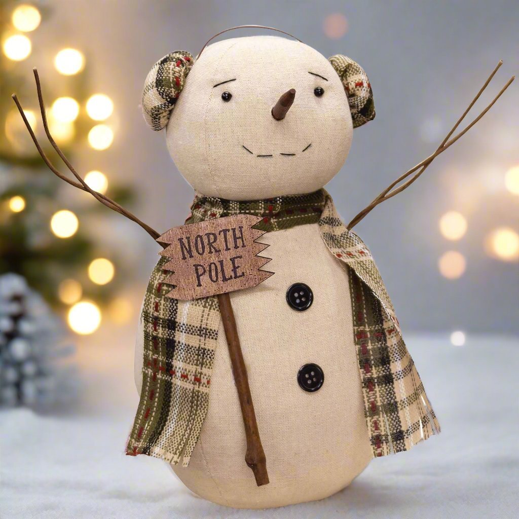 Primitive Christmas North Pole Snowman w/ Ear Muffs Doll 11/5" - The Primitive Pineapple Collection