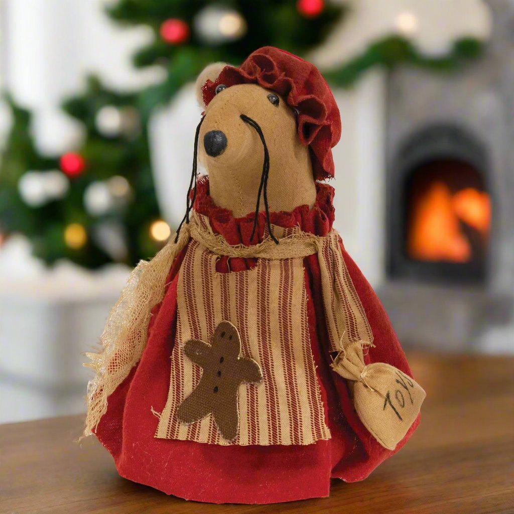 Primitive Fabric Christmas Mrs. Claus Mouse W/Gingerbread Apron 7" - The Primitive Pineapple Collection