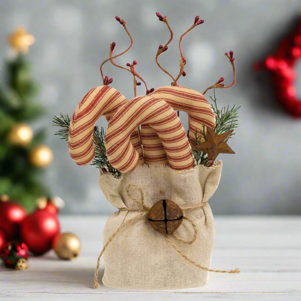 Primitive Christmas 9.5" Stuffed Ticking Stripe Candy Canes & Greenery Sack - The Primitive Pineapple Collection