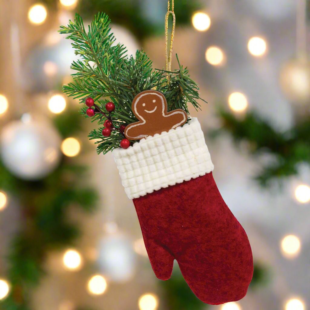 Primitive Christmas Hanging Winter Greens and Gingerbread Mitten Goody Bag - The Primitive Pineapple Collection