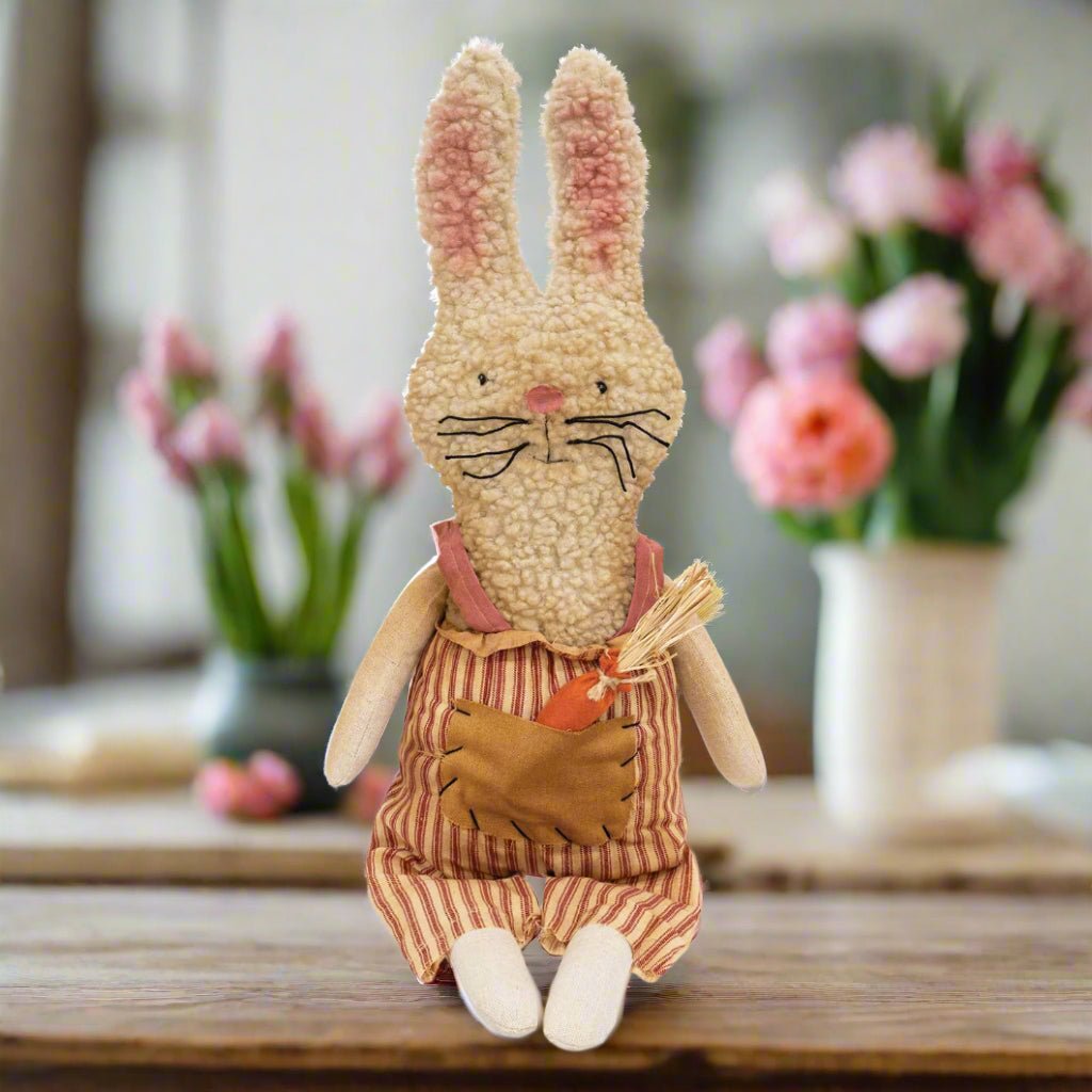 Primitive Farmhouse Stuffed Grungy Ticking Stripe Bunny w/Carrot Pocket 24" - The Primitive Pineapple Collection