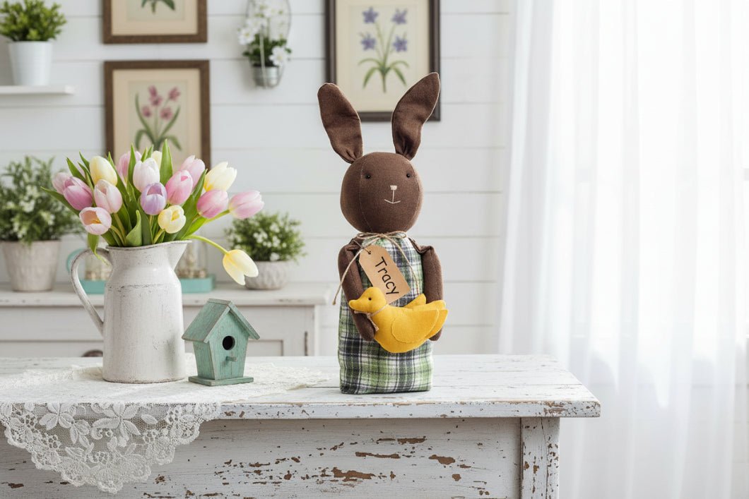 Farmhouse Spring Tracy Chocolate Bunny Doll w/Chick Doll - The Primitive Pineapple Collection
