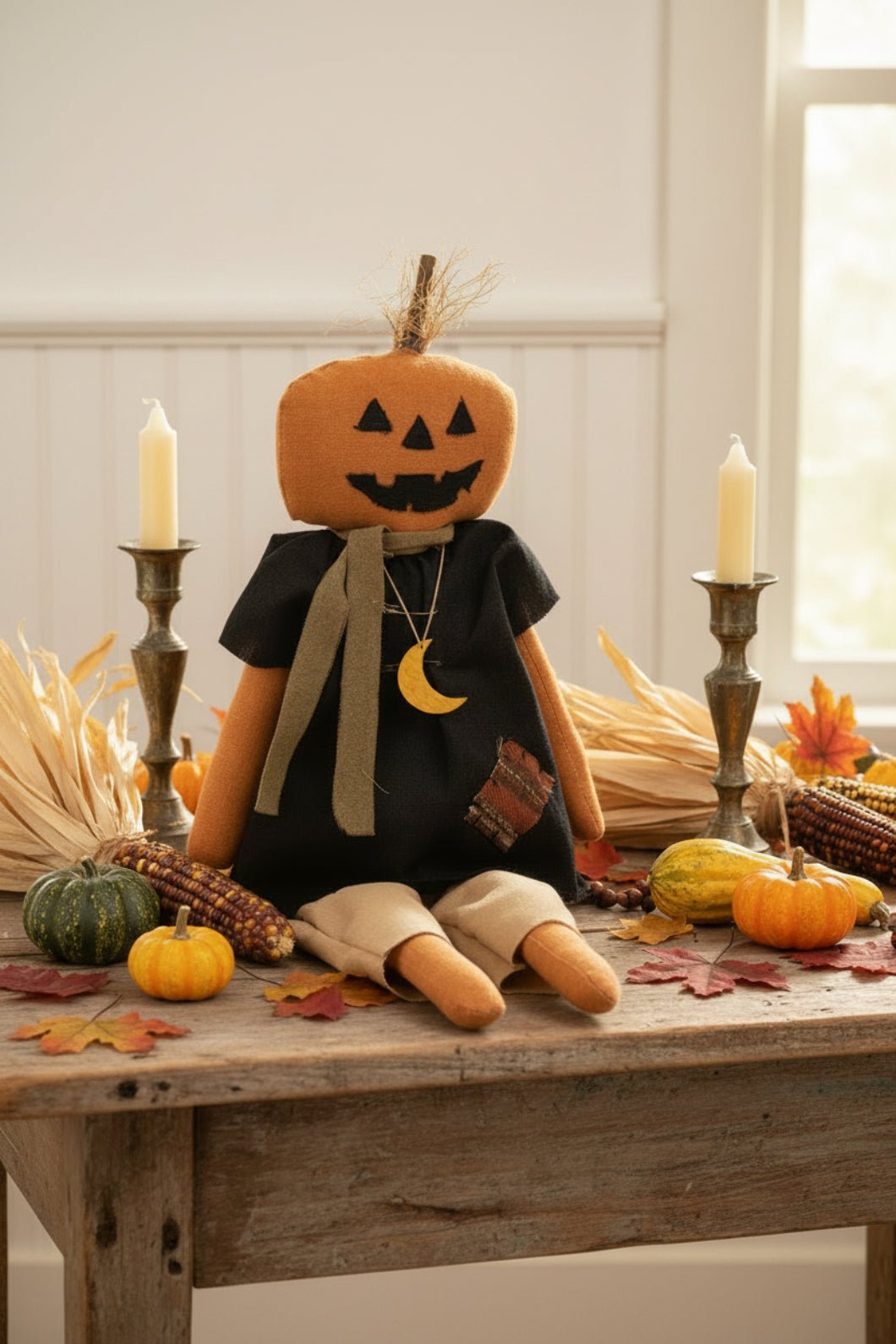 Primitive Fall Halloween Pumpkin Doll with Moon Necklace - 23.5"H - The Primitive Pineapple Collection