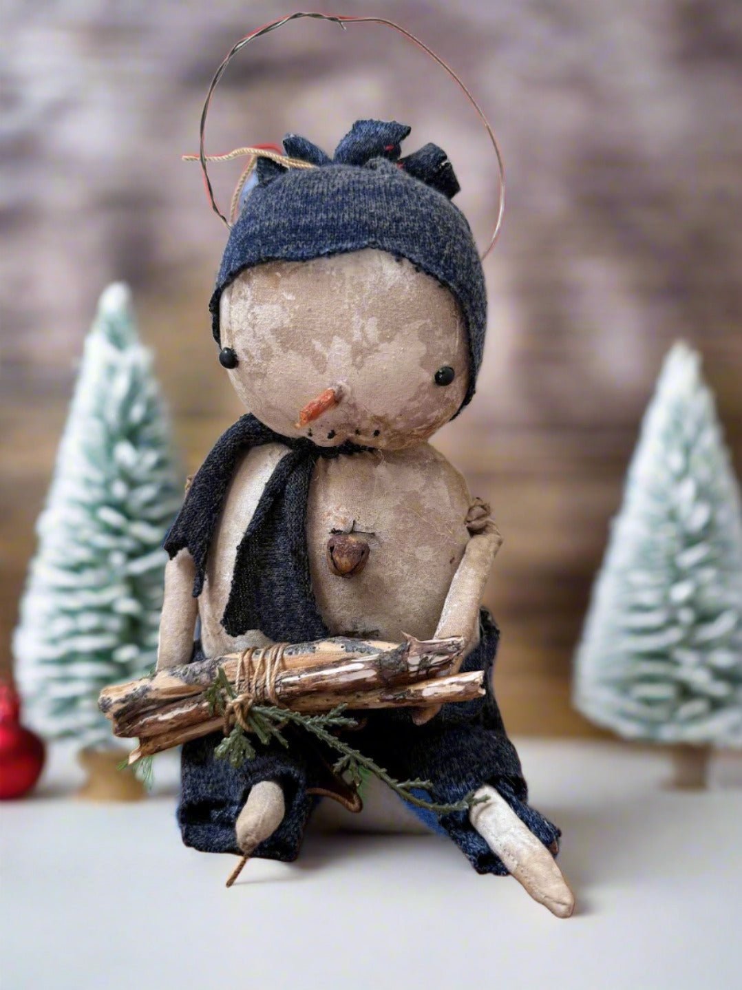 Primitive Handcrafted Carl Snowman Doll w/ Hat and Greens 10" - The Primitive Pineapple Collection