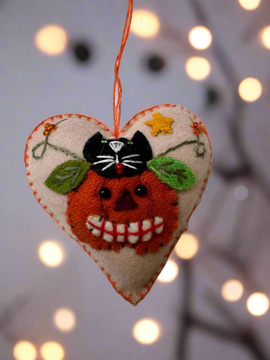 Primitive Handcrafted Halloween Felt 3” Jack O Lantern w/ Black Cat Ornament - The Primitive Pineapple Collection