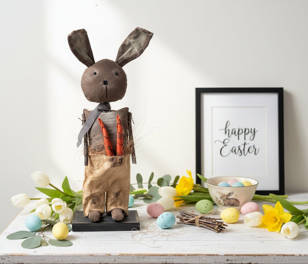 Primitive Spring Easter Handcrafted USA 13" Bunny Boy w Carrots - The Primitive Pineapple Collection