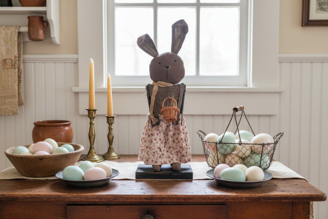 Primitive Spring Easter Handcrafted USA 13" Bunny Girl in Vintage Dress - The Primitive Pineapple Collection