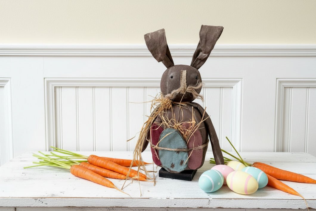 Primitive Spring Easter Handcrafted USA 13" Chubby Bunny w/ Eggs - The Primitive Pineapple Collection