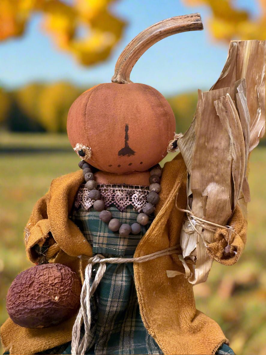 Primitive Handcrafted Pumpkin Doll Dottie w/ Gourd 12" - The Primitive Pineapple Collection
