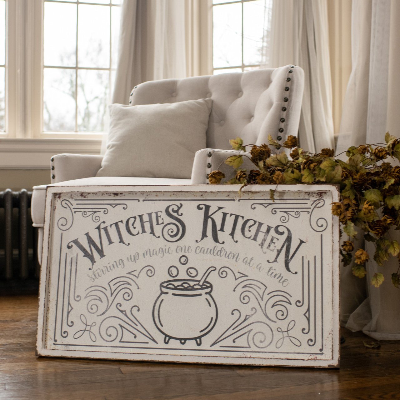 Ragon House Halloween 32" White Distressed Witches Kitchen Sign Metal 32"L - The Primitive Pineapple Collection